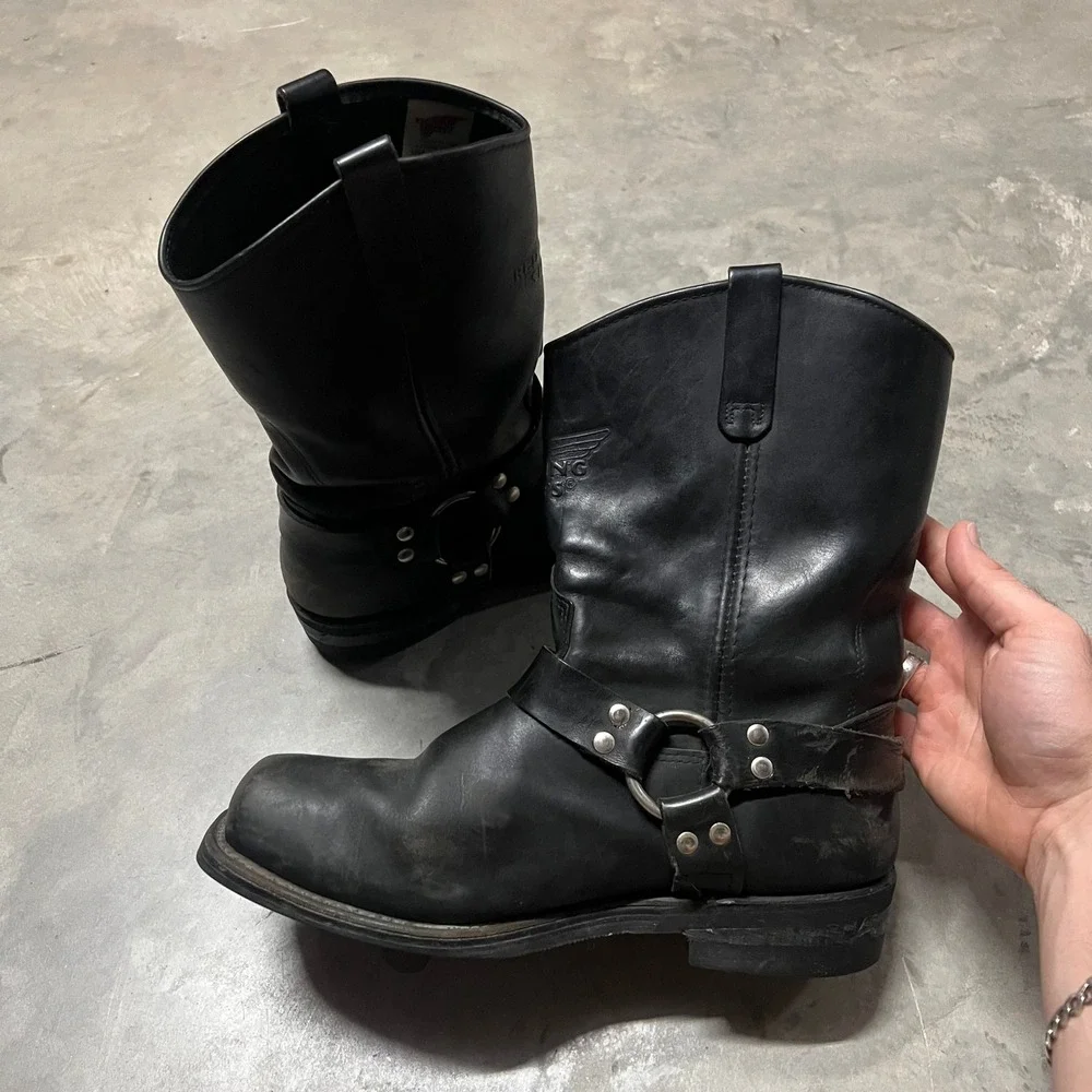 Red Wing 969 Mens Black Leather Harness Boots Square Toe Vibram Sole 13 E2 USA